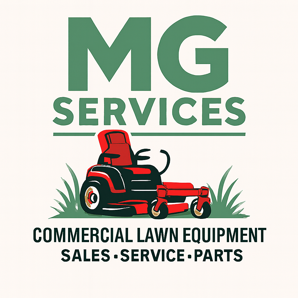 Logo for MG Services, a commercial lawn equipment business featuring a red and black riding mower and grass, with text indicating sales, service, and parts.