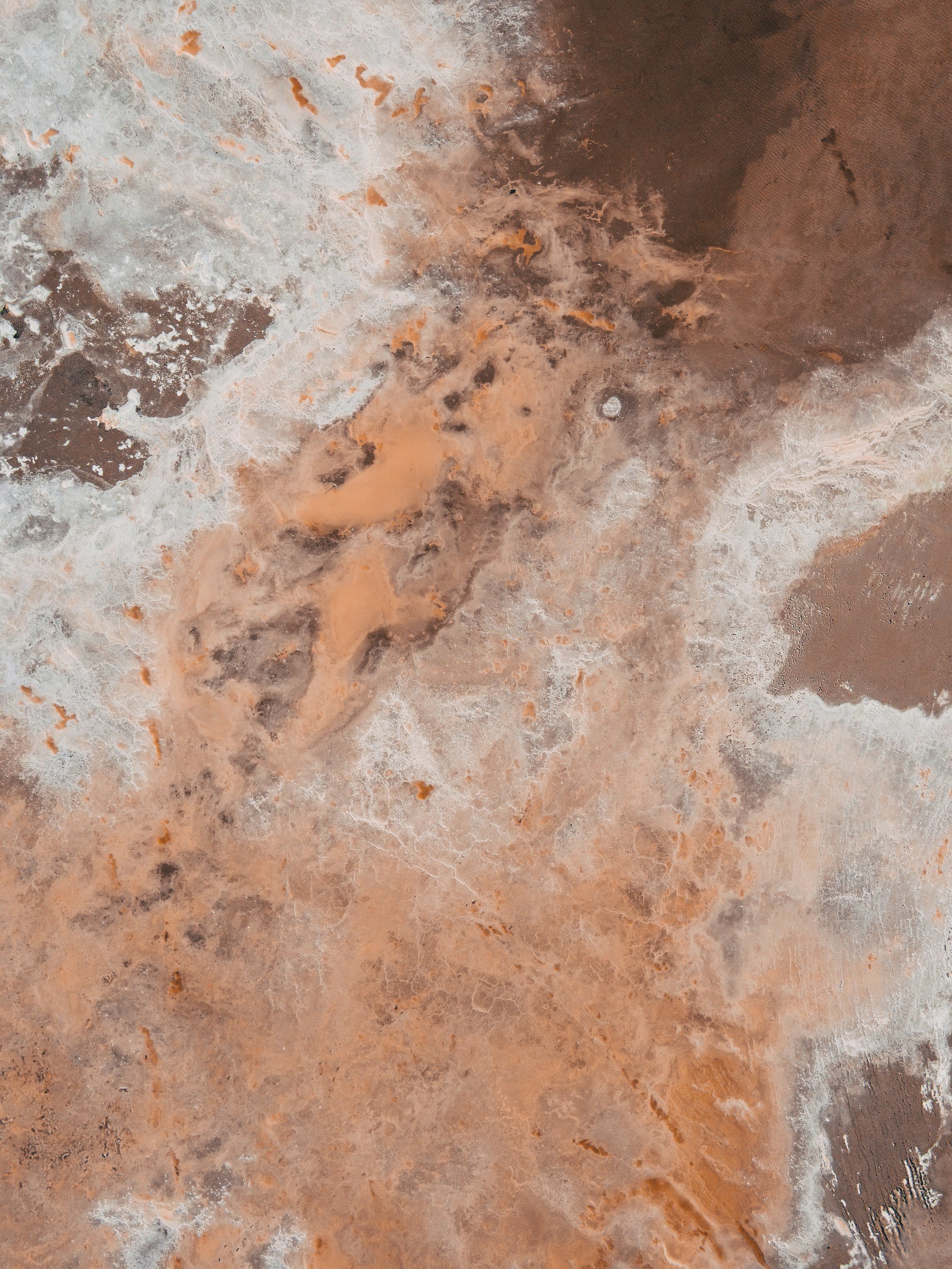 Close-up photo of a textured, multicolored mineral surface with shades of brown, orange, white, and black.