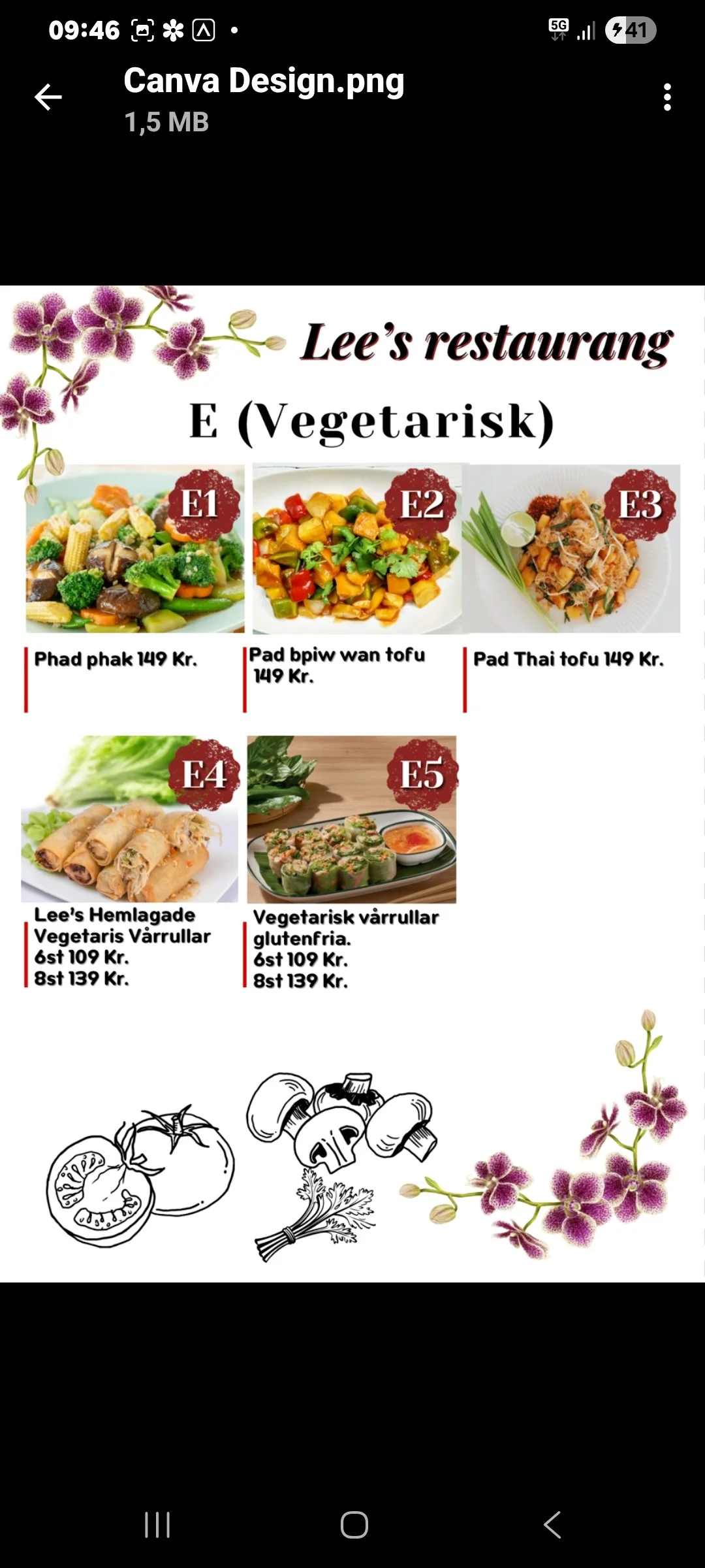 En meny för vegetarisk restaurang med bilder av olika rätter och blomsterdekorationer.