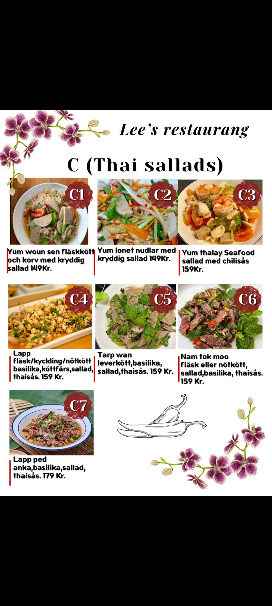 Menykort för en restaurang med bilder av thailändska rätter och deras beskrivningar på svenska.
