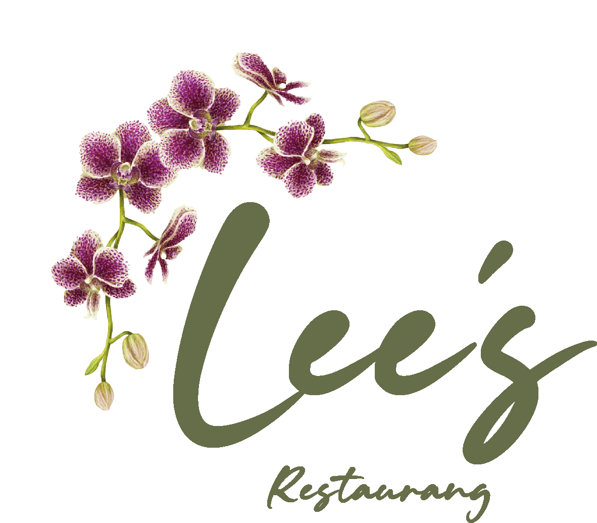 En blomstrande orchid med rosa och vita blommor och gröna blad, samt texten "Leés Restaurang".