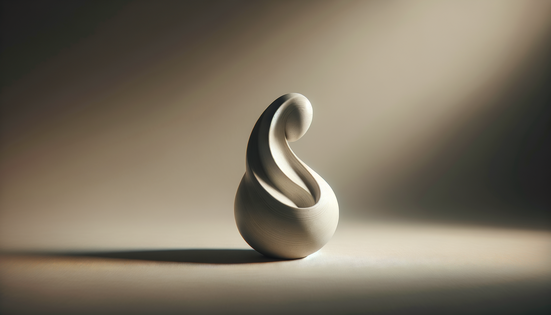 A ceramic sculpture with a spiral design, illuminated from the right, casting a shadow on the surface around it.