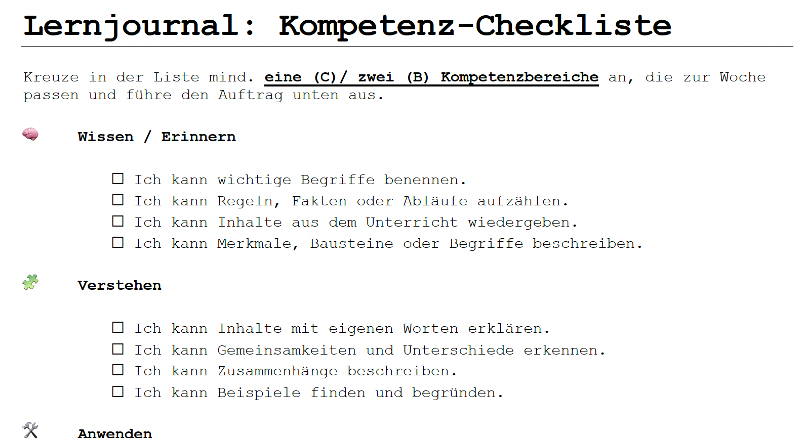 Lernjournal (Kopiervorlage)