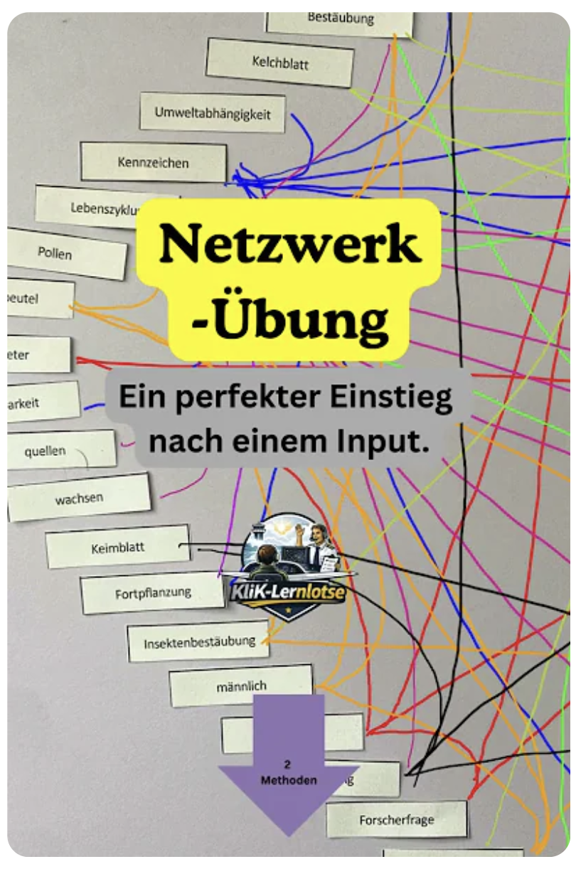 Diagramm mit verschiedenen Begriffen und bunten Linien, Titel 'Netzwerk-Übung', darunter die Untertitel 'Ein perfekter Einstieg nach einem Input' und ein Logo mit der Aufschrift 'Klick-Lernlotse'.