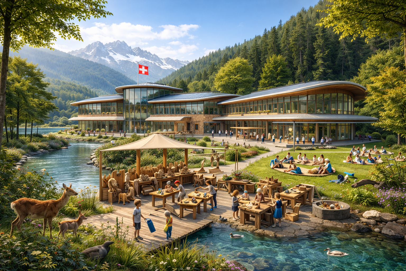 Modernes Gebäude mit Glasfassade inmitten von Natur, umgeben von Bergen, Wälder und einem Fluss. Menschen beim Entspannen, Sonnenbaden und Tierfütterung im Garten.