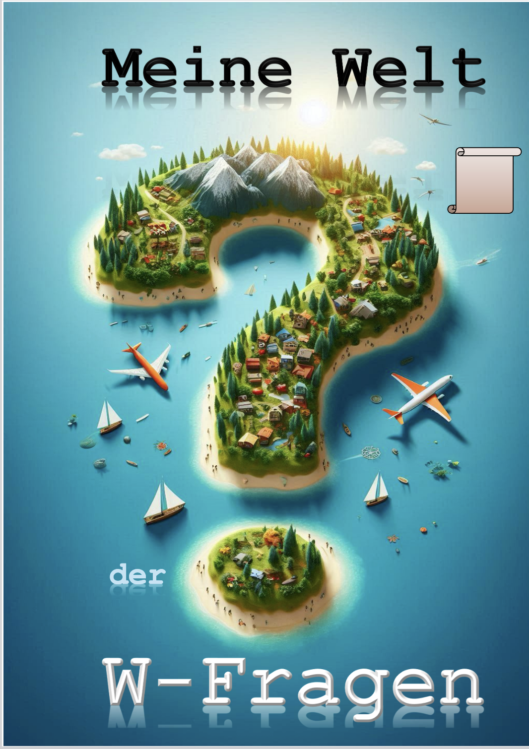 Illustration einer Weltkugel in Form eines Fragezeichens mit Bergen, Bäumen, Häusern, Wasser und Flügen, darüber der Titel "Meine Welt" und darunter der Text "der W-Fragen" in deutscher Sprache.