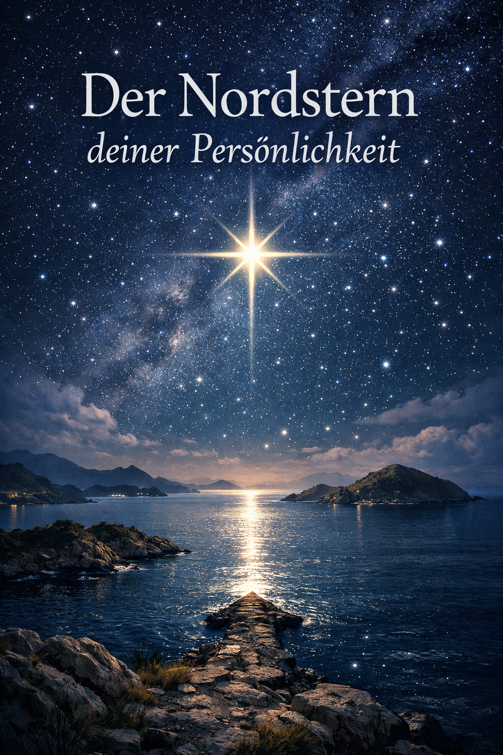 Nächtliche Landschaft mit Sternenhimmel, einem leuchtenden Nordstern, Wasser, Bergen und Felsen im Vordergrund, mit Text in der Mitte, der 'Der Nordstern deiner Persönlichkeit' sagt.
