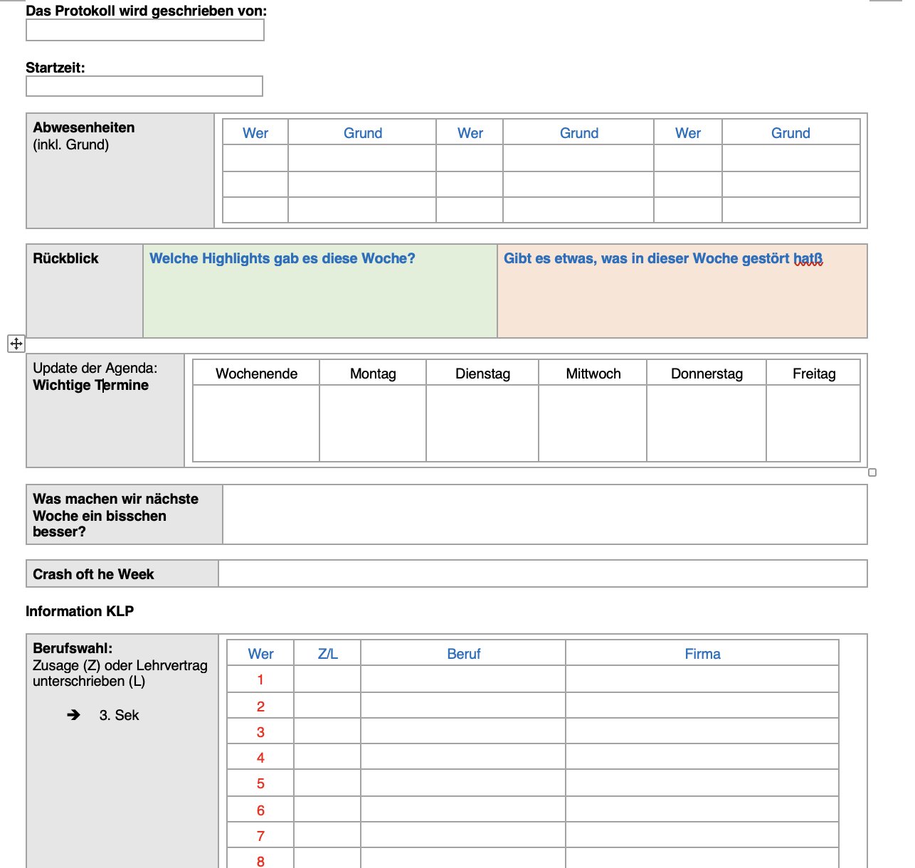 Protokoll Klassenrat (Vorlage)