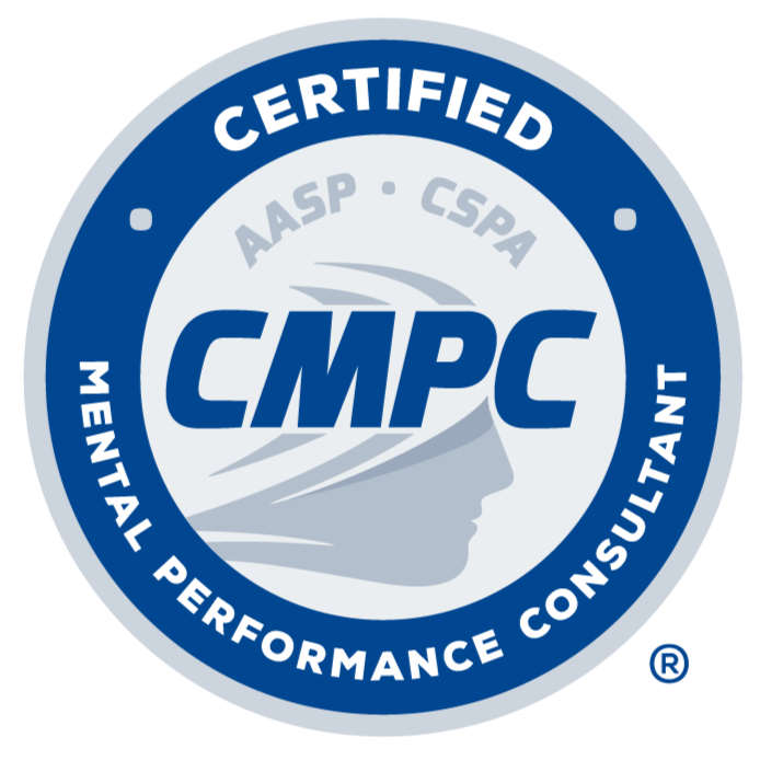 A circular emblem with a blue outer ring and a white inner circle. The words 'CERTIFIED' at the top and 'MENTAL PERFORMANCE CONSULTANT' at the bottom are written around the outer ring. Inside, there are the acronyms 'AASP' and 'CSPA' above the large bold letters 'CMPC,' and a stylized profile of a human head with a flowing line representing hair or air.
