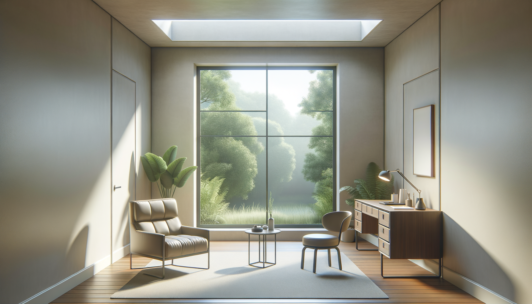 Minimalist living room with large window overlooking greenery, beige walls, wooden floor, modern sofa, side table, two chairs, desk with lamp, and indoor plants.