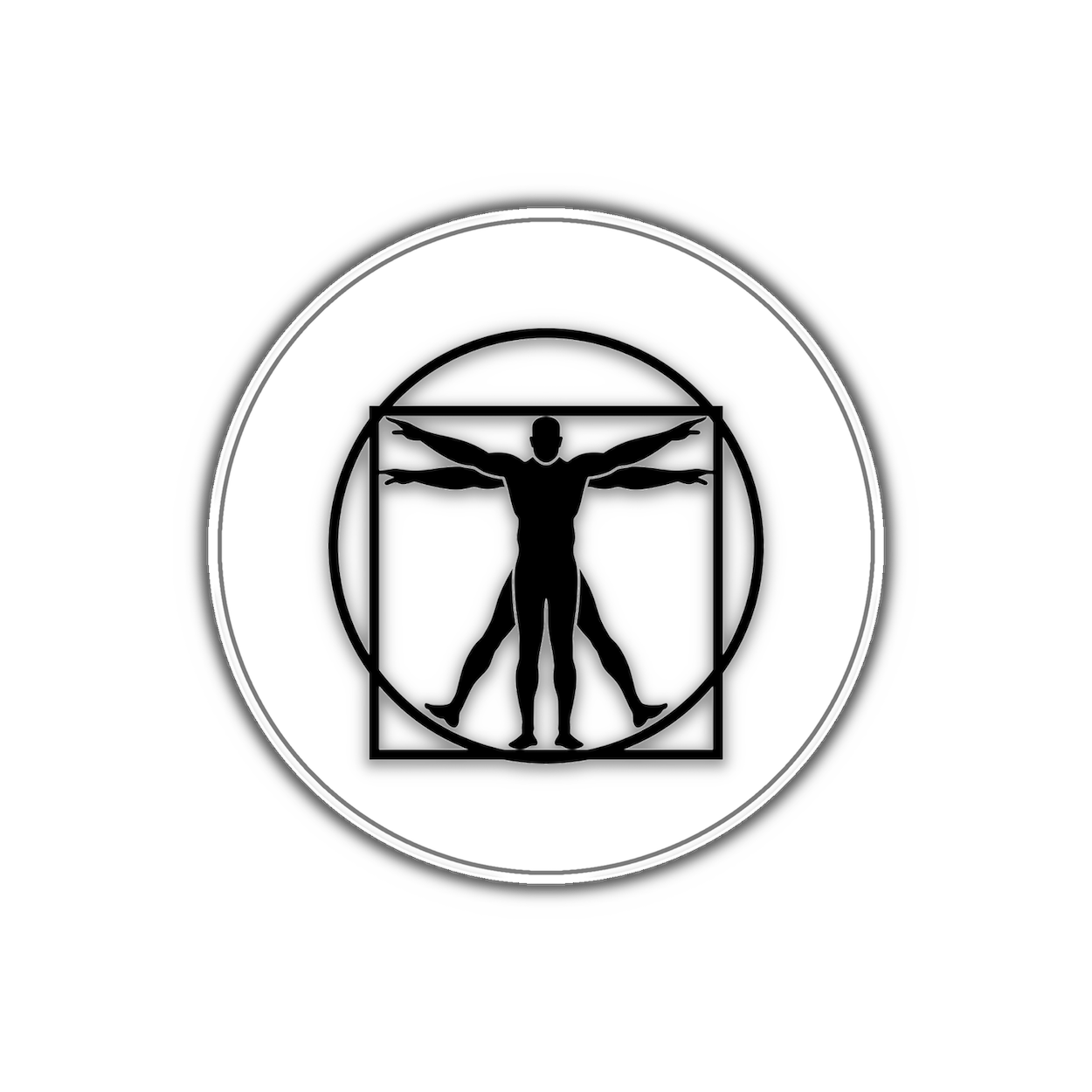 Silhouette of Leonardo da Vinci's Vitruvian Man in black and white on a black background.