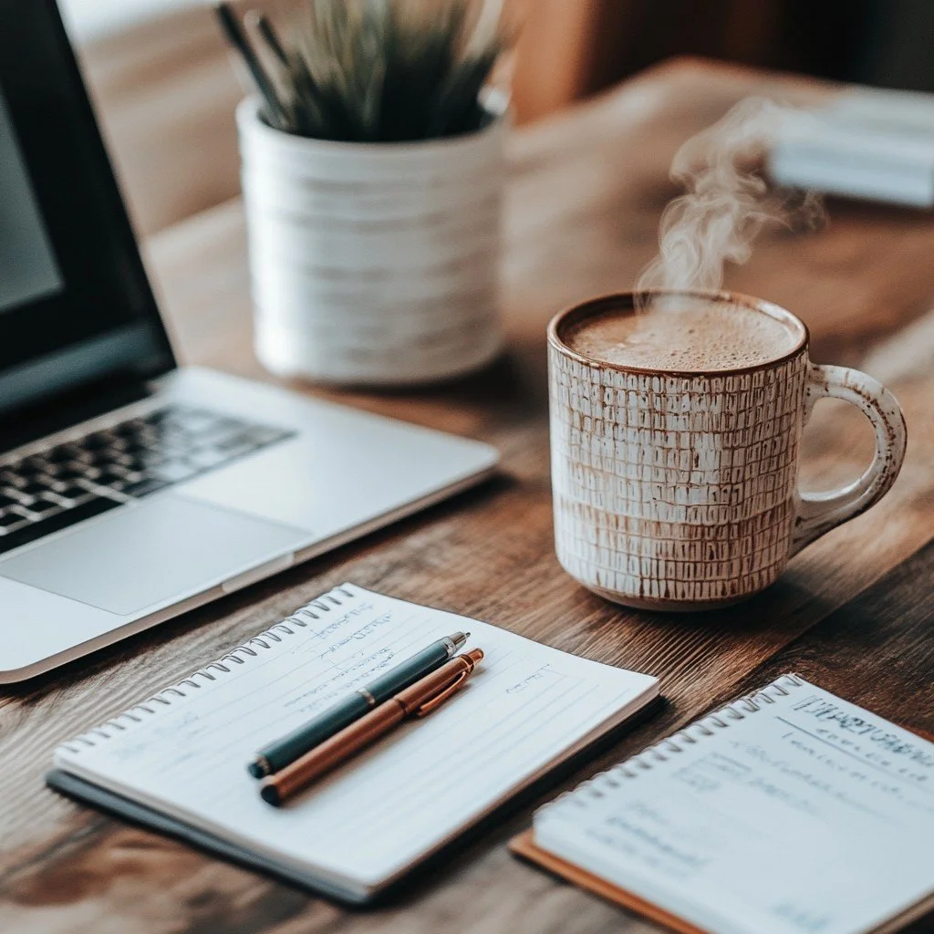 A steaming mug of coffee, two spiral notebooks with pens, a laptop, and a container with pencils on a wooden table.