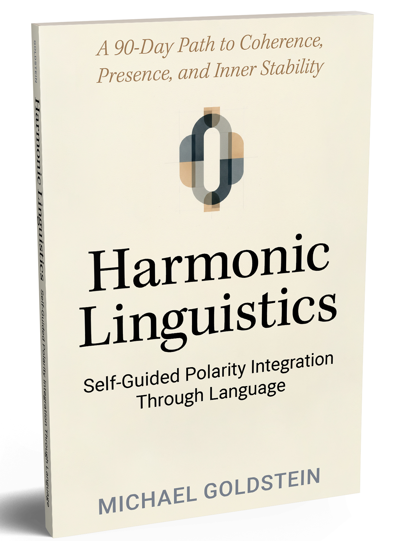 Book titled "Harmonic Linguistics" by Michael Goldstein, with the subtitle "Self-Guided Polarity Integration Through Language" and a decorative graphic at the top.