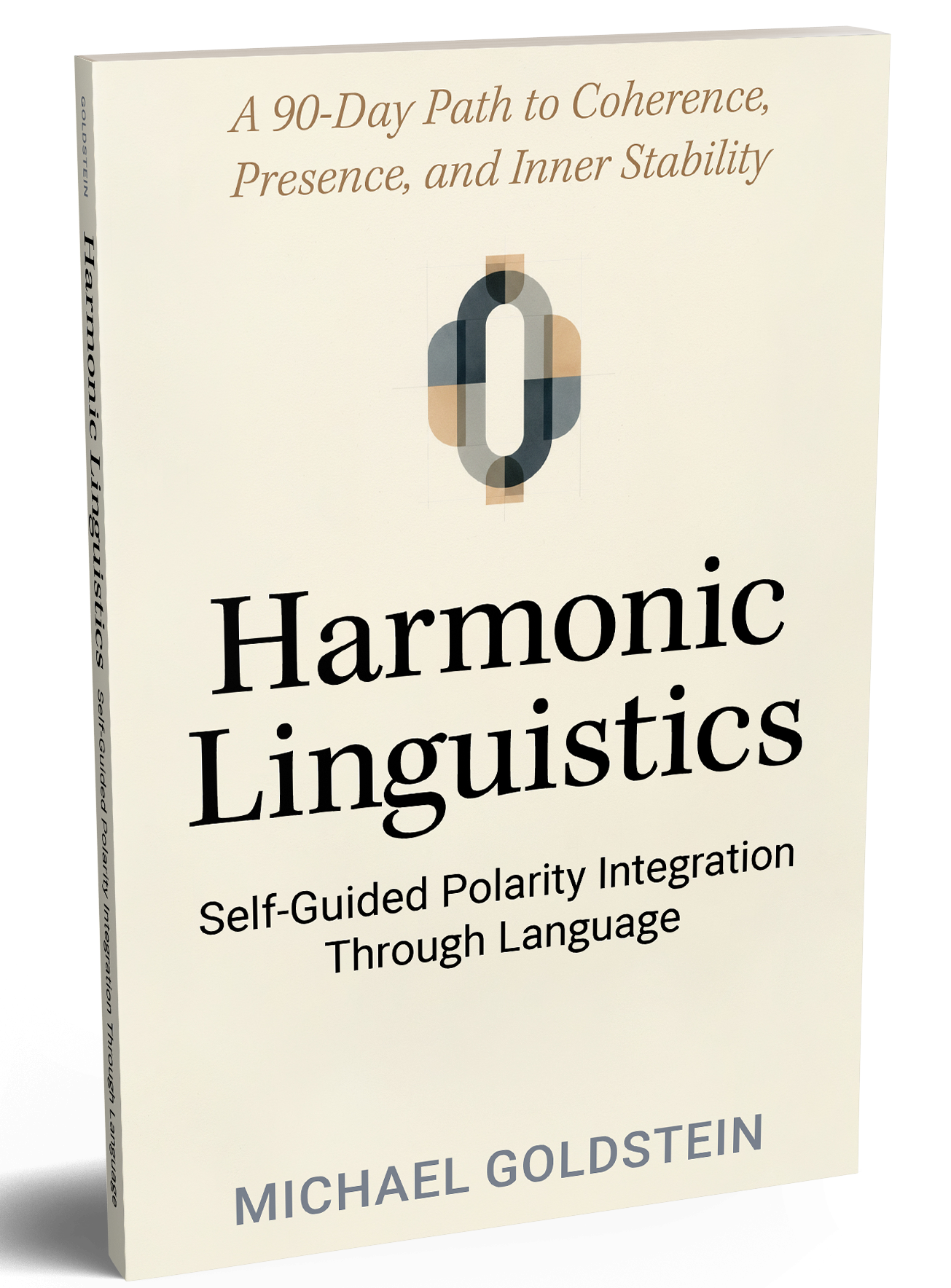 Book titled "Harmonic Linguistics" by Michael Goldstein, with subtitle "Self-Guided Polarity Integration Through Language" and a decorative graphic of interlocking shapes on the cover.