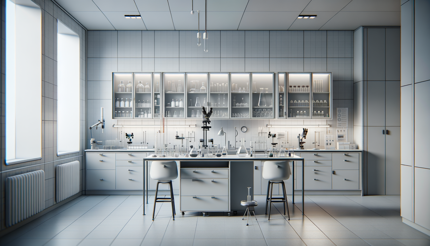 A modern science laboratory with glass cabinets filled with lab equipment and glassware, laboratory tables with test tubes, beakers, and microscopes, and white chairs.