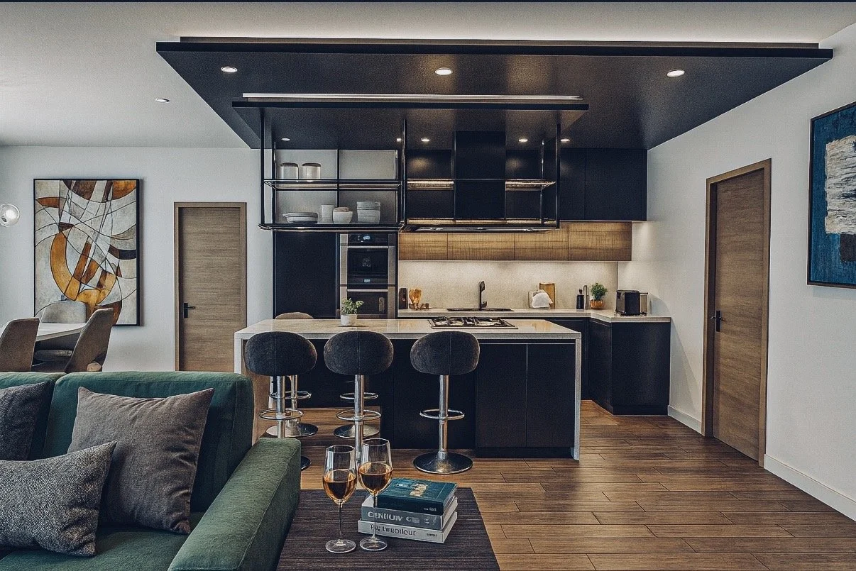 Modern kitchen with black cabinetry, wooden accents, and a kitchen island with three bar stools, with a living area in the foreground and artwork on the walls.