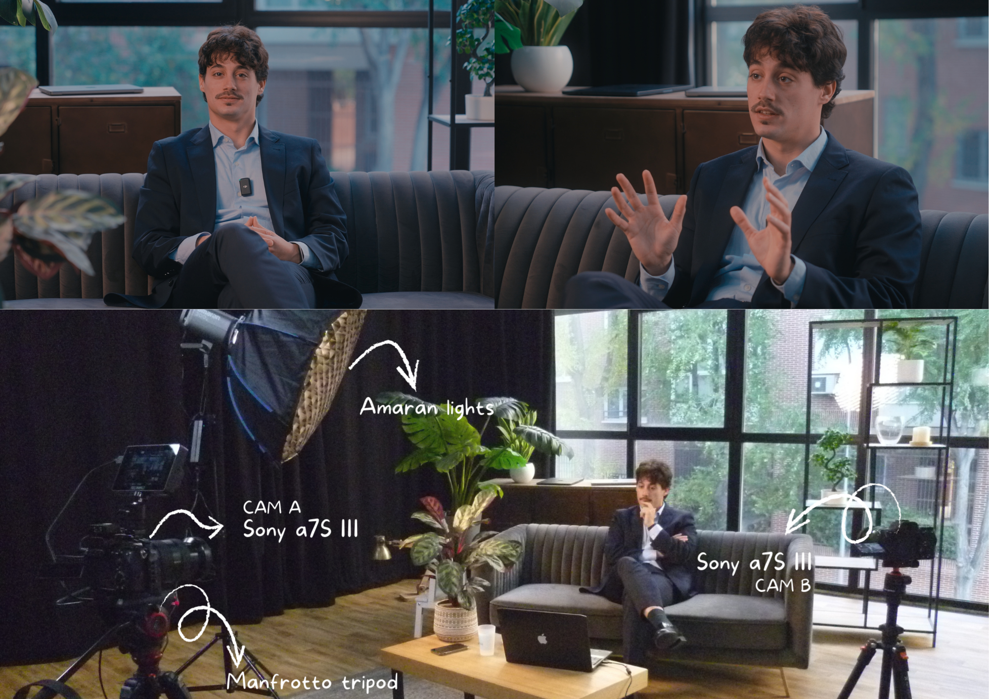 Personas en una entrevista de video en un estudio con equipo de grabación, cámaras y iluminación profesional. Una persona en el sofá y otra con guion y cámaras, rodeadas de plantas y decoraciones modernas.