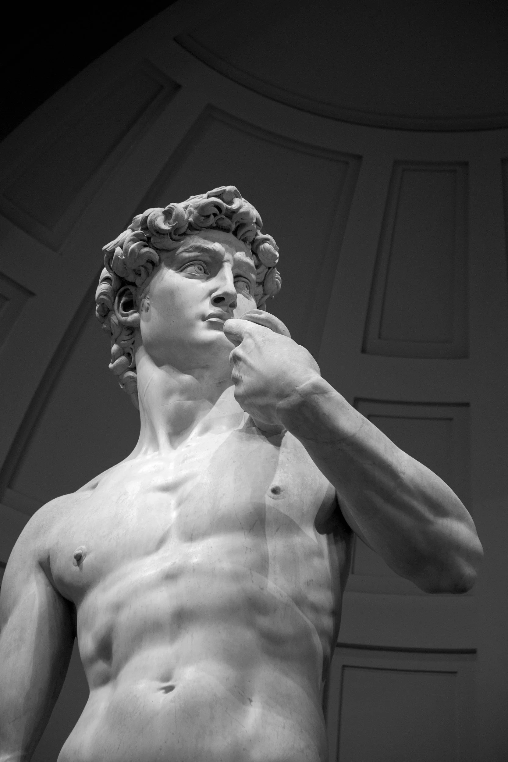 Close-up view of Michelangelo's marble sculpture David, showing his head, face, and upper torso, with his right hand touching his chin.