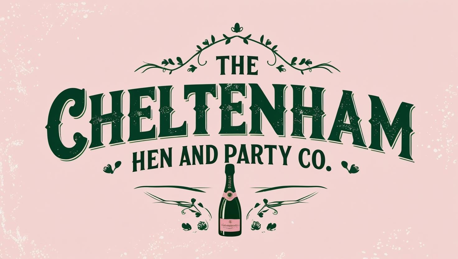 Logo for The Cheltenham Hen and Party Co. featuring a pink background with decorative elements, a bottle of champagne, and stylized text.