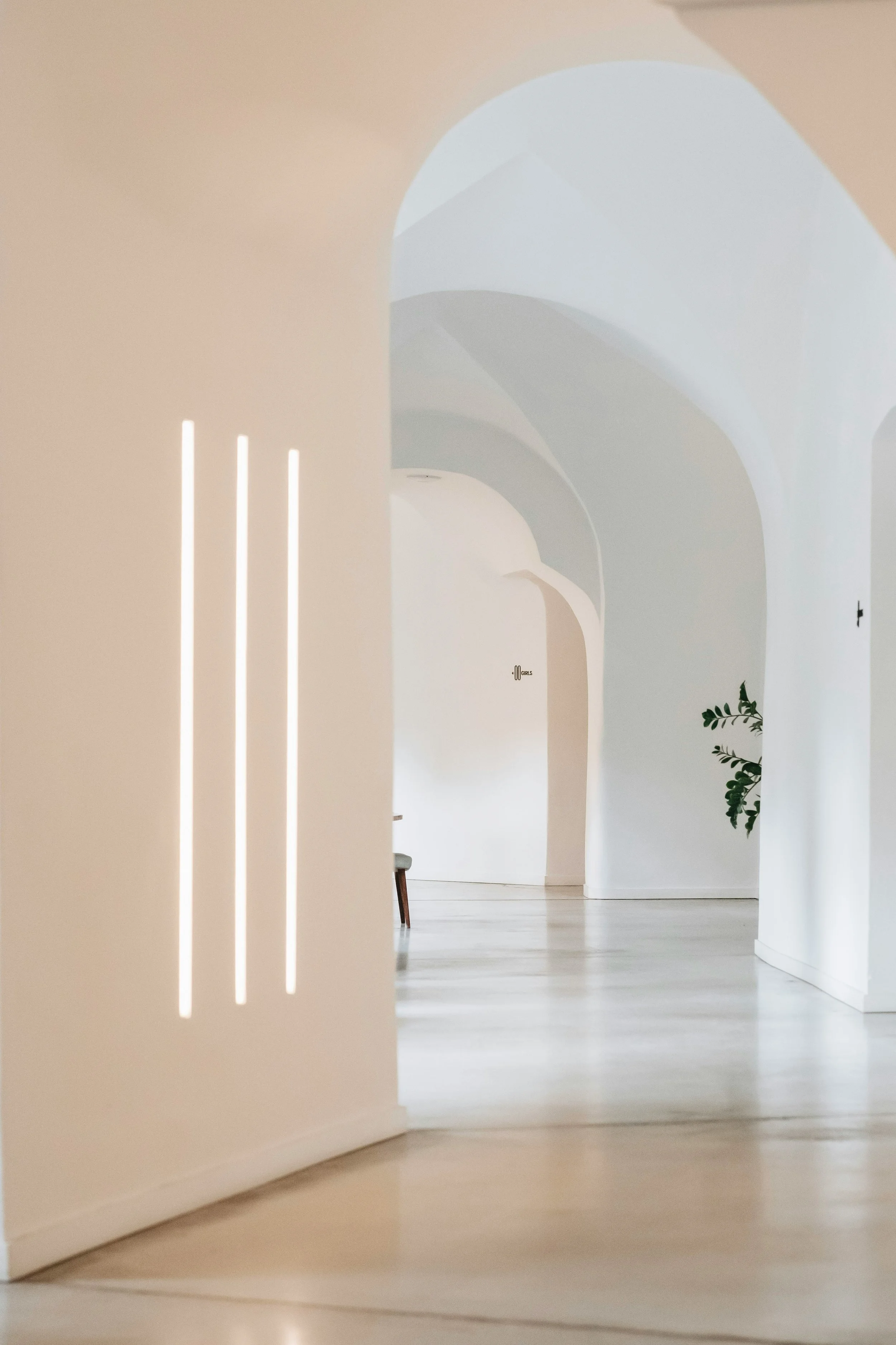A minimalist white interior hallway with arched doorways, a plant on the right, and a bench, illuminated by natural light.