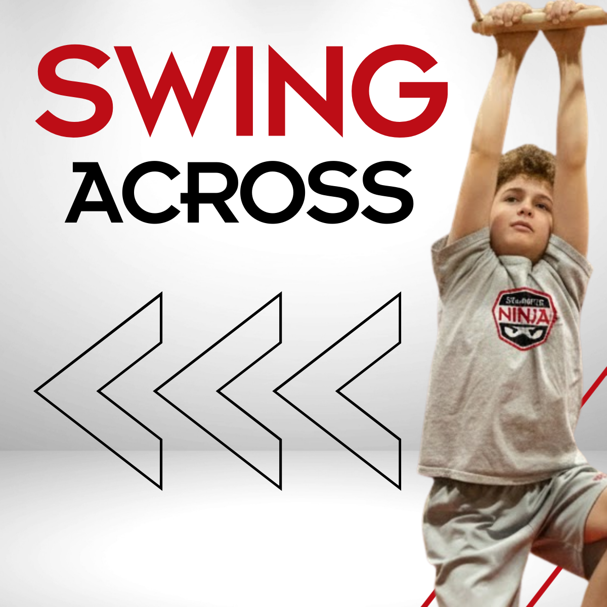 Child performing a stretching exercise with a wooden stick, wearing a ninja t-shirt, alongside text 'Swing Across' and arrow graphics.