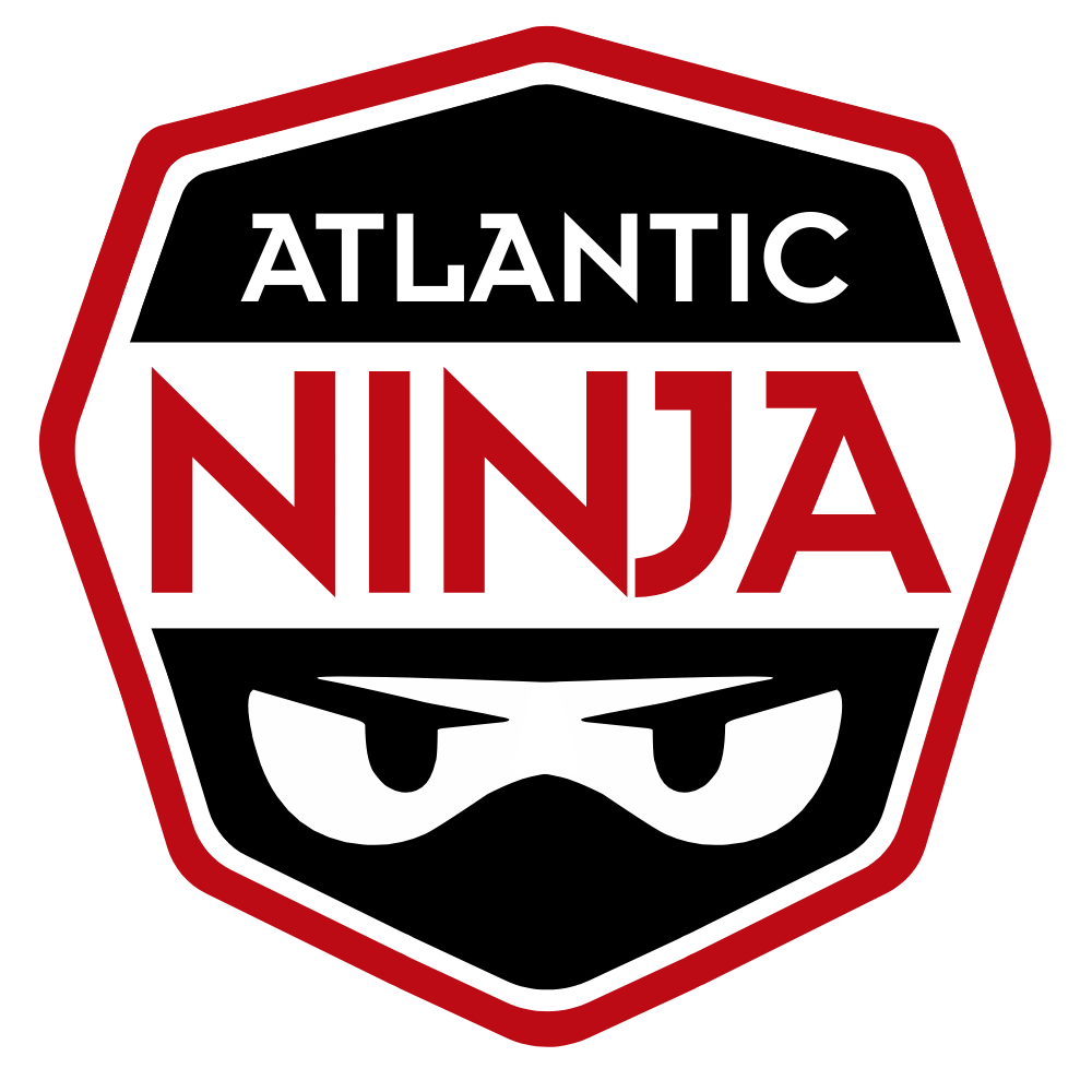 Logo for Atlantic Ninja with a black shield, red border, white text, and a ninja mask with eyes.