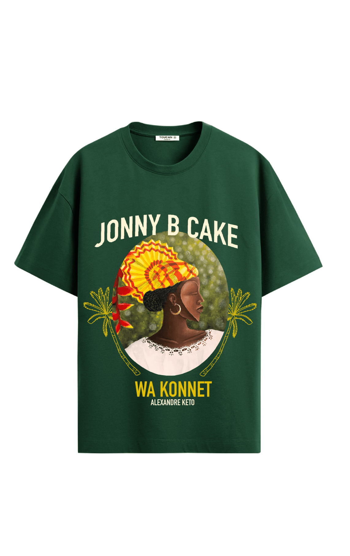 Un t-shirt vert avec une illustration d'une femme africaine portant un couvre-chef coloré, entourée d'éléments décoratifs, et avec des textes en anglais et en français.