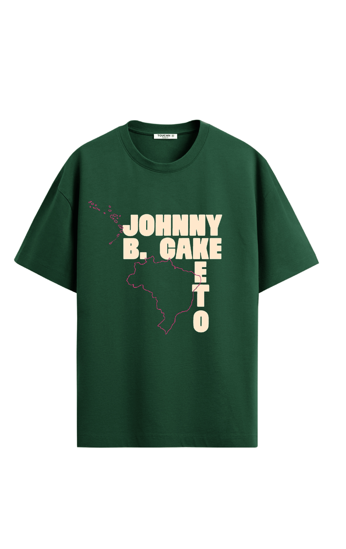 T-shirt vert avec une silhouette de la carte du Brésil, le nom 'Johnny B. Cake' en lettres majuscules et une animation de points roses.