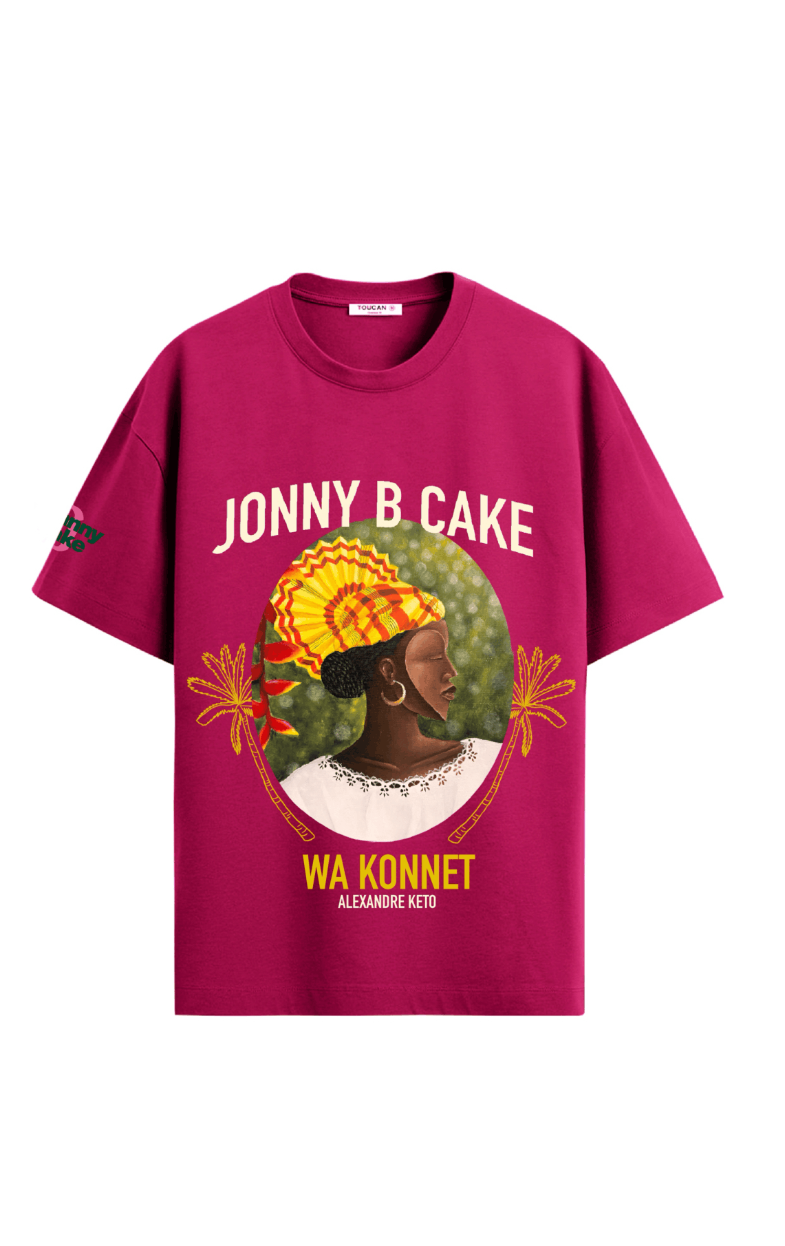 T-shirt rose avec une illustration d'une femme africaine portant un foulard coloré, entourée de motifs floraux, avec le texte 'Jonny B Cake' en haut et 'Wa Konnet' en bas.