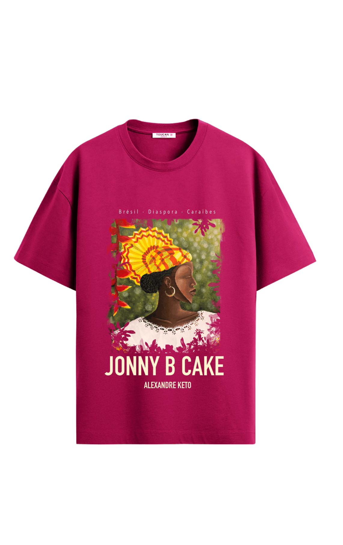 T-shirt rose vif avec un graphique représentant une femme noire portant un foulard coloré, entourée de feuilles et fleurs, avec le texte "Jonny B Cake" et "Alexandre Keto".