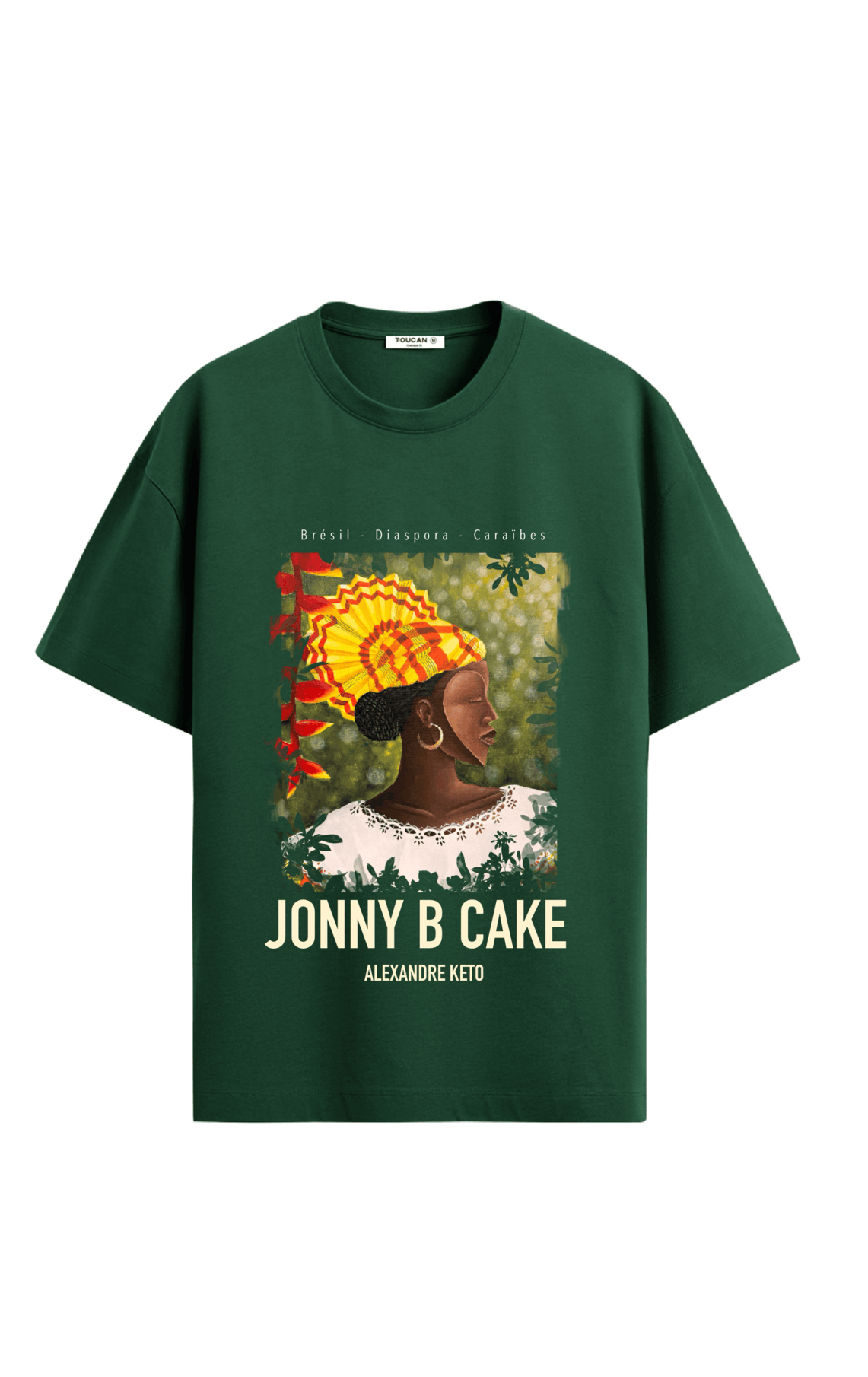 T-shirt vert avec une illustration d'une femme africaine avec un foulard coloré et des bijoux, avec le texte 'Jonny B Cake' et 'Alexandre Keto', ainsi que des mentions 'Brésil - Diaspora - Caraïbes'.