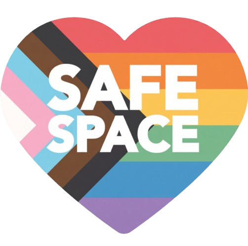 A heart-shaped sign with a rainbow pride flag pattern displaying the words 'Safe Space' in white letters.
