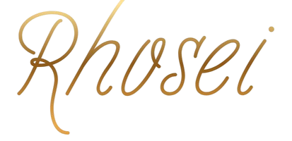 The word 'Rhosei' written in elegant script font with a gold gradient on a dark background.