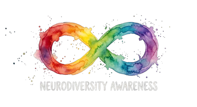 Colorful infinity symbol with a watercolor effect, with the text 'Neurodiversity Awareness' underneath.