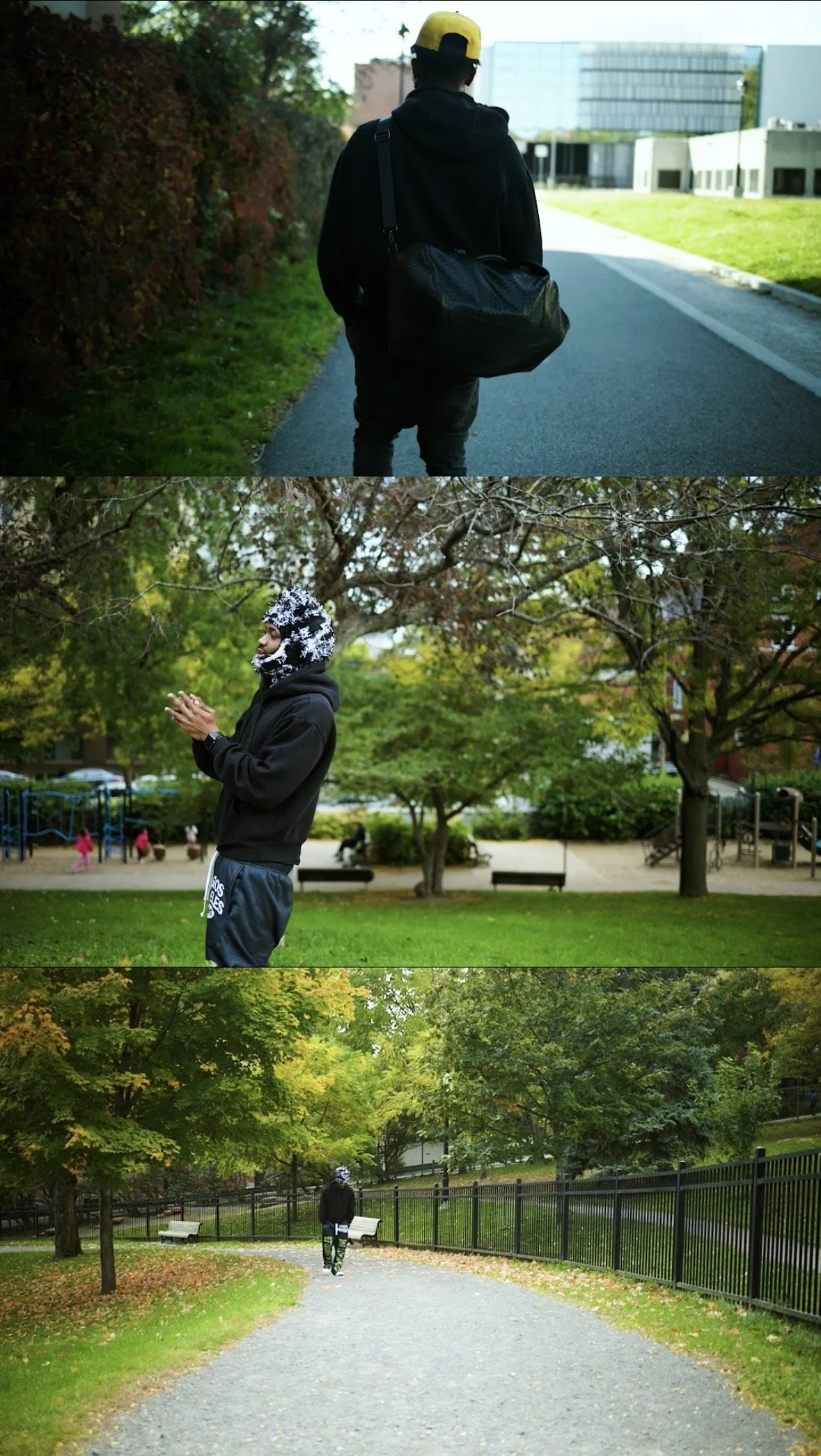 Cinematic outdoor portrait of a man walking through an urban park, showcasing fashion style, movement, and cinematic visual storytelling.