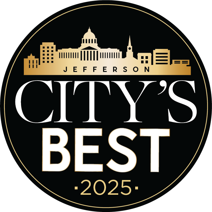 A logo for Jefferson City's Best 2025, featuring a city skyline with iconic buildings at the top, and gold, black, and white colors.