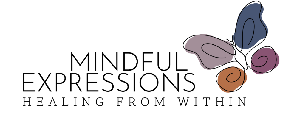 Logo with text 'Mindful Expressions Healing from Within' and a colorful butterfly illustration.