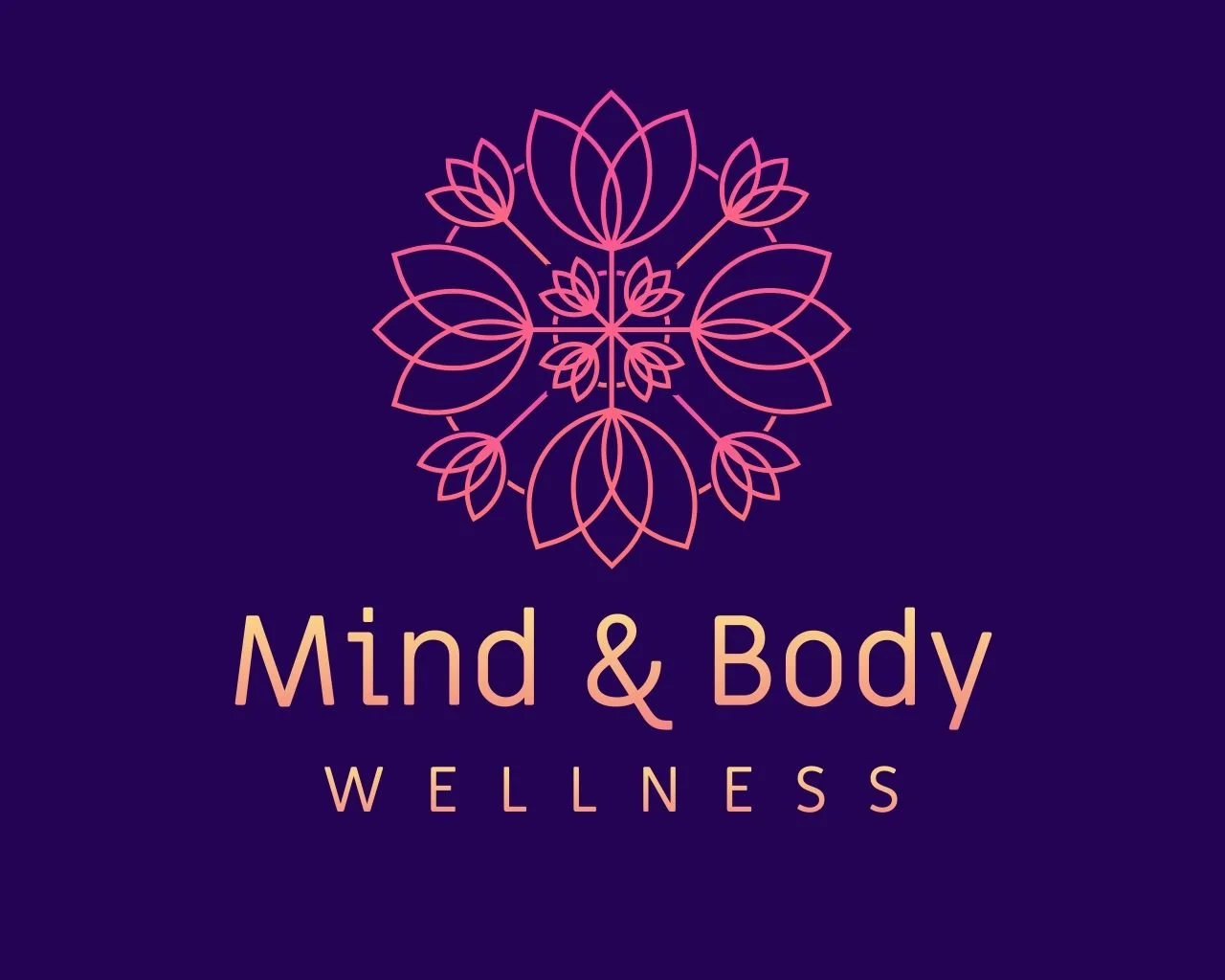 Logo for Mind & Body Wellness featuring a pink mandala-like floral design on a dark purple background, with the text "Mind & Body" in light peach and "Wellness" in smaller light peach letters below.
