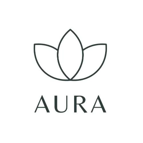 A minimalist logo of a stylized flower with three petals above the word 'AURA' in uppercase letters.