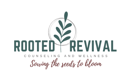Logo of Rooted Revival with a plant illustration, company name, and the slogan 'Sowing the seeds to bloom'.