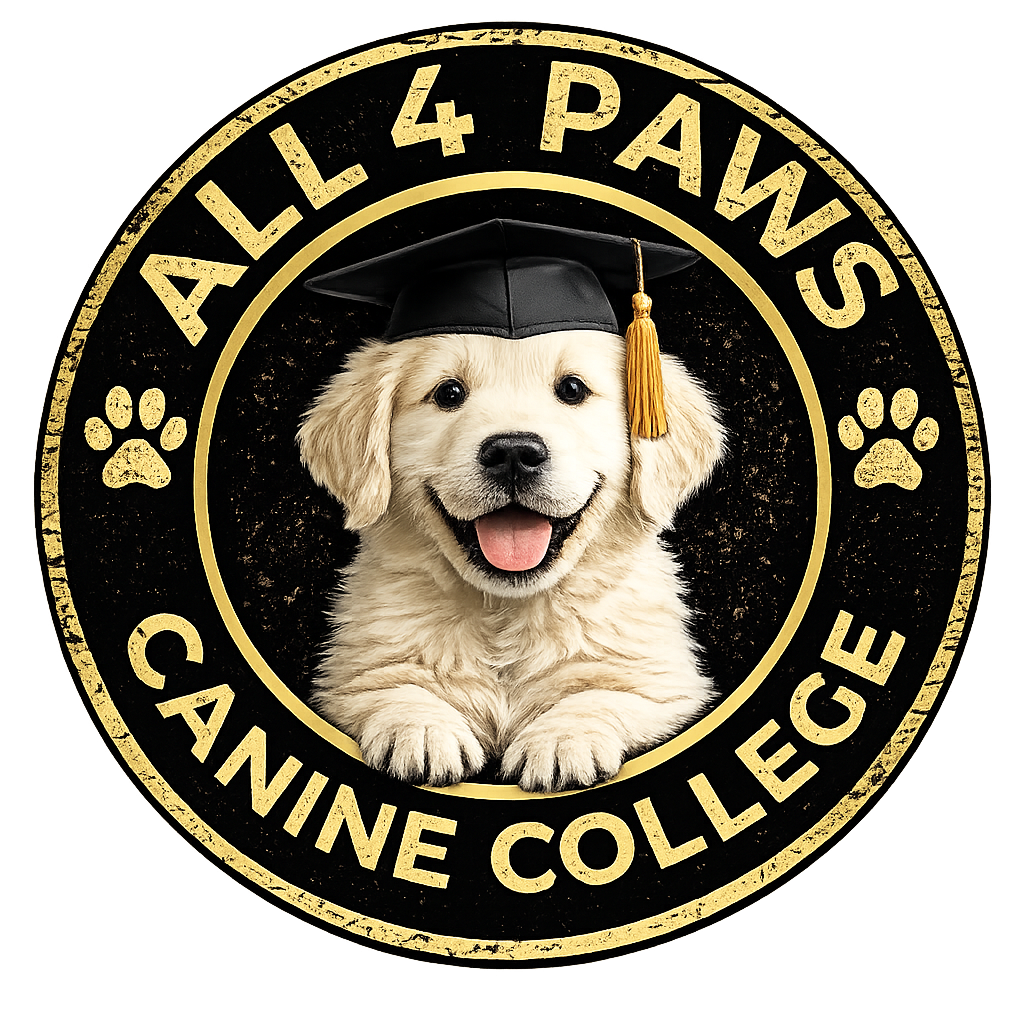 A golden retriever puppy wearing a graduation cap, inside a circular sign that reads 'All 4 Paws Canine College' with paw prints.