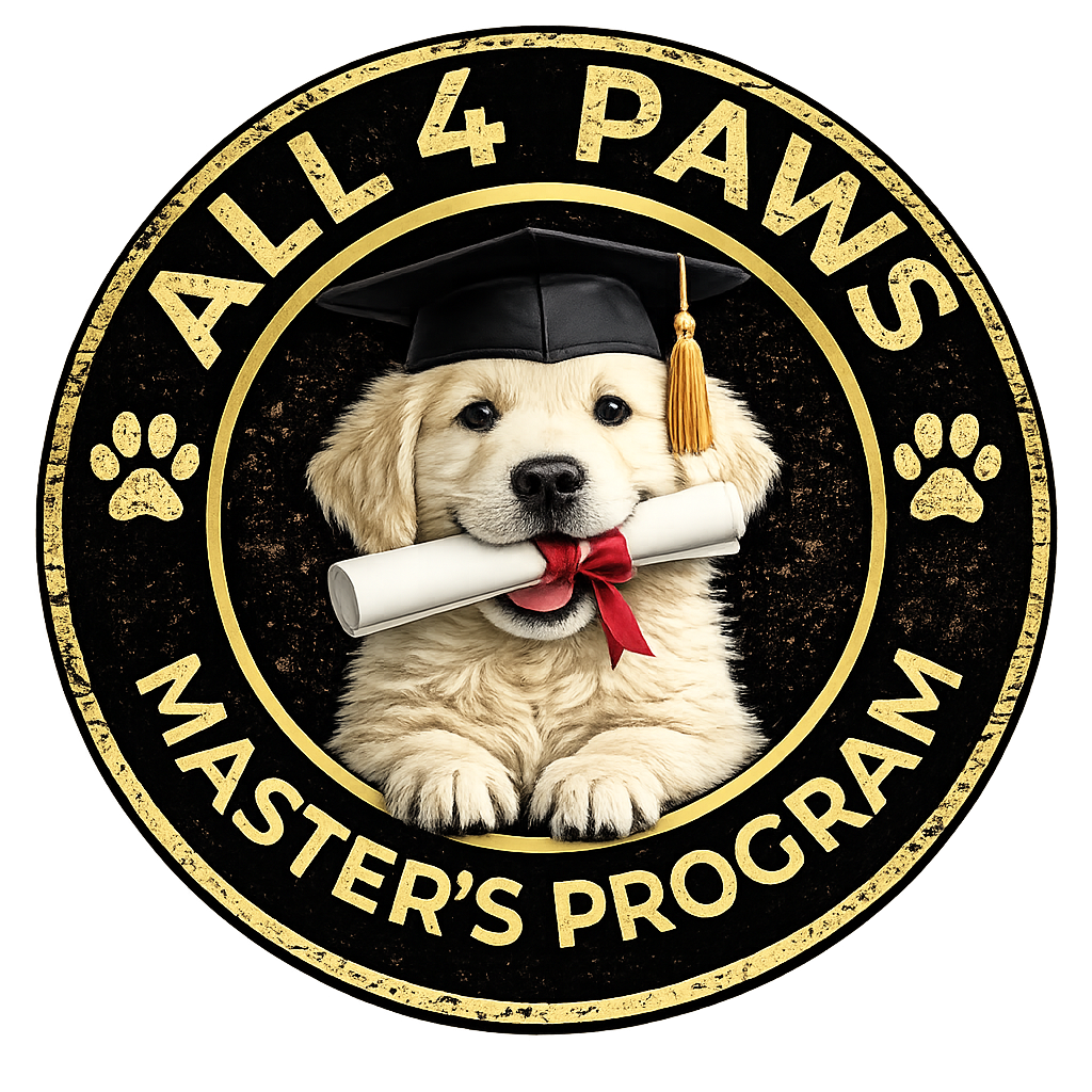 Circle badge with the text 'ALL 4 PAWS MASTER'S PROGRAM' in gold, featuring a golden retriever puppy wearing a graduation cap and holding a diploma in its mouth.