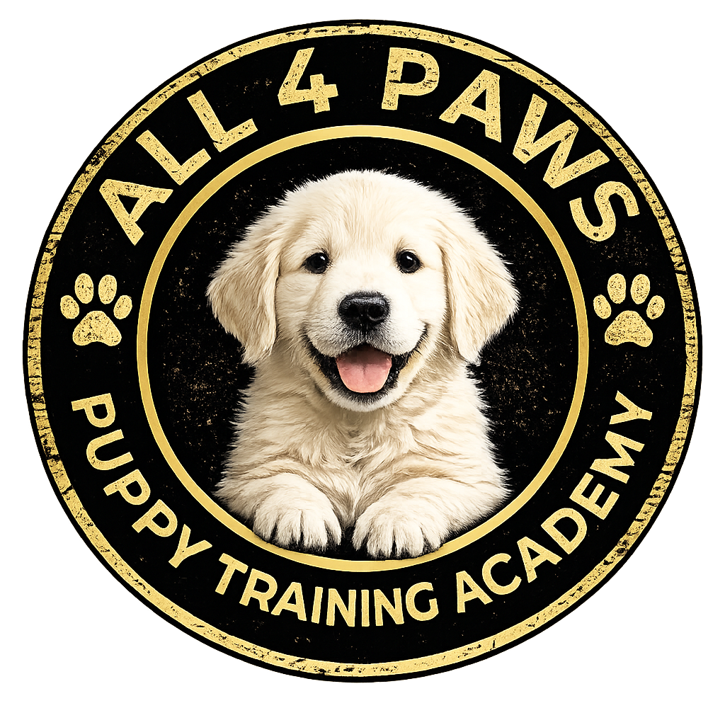 A circular badge with a golden border and black background featuring a happy Labrador puppy in the center. The badge reads "ALL 4 PAWS PUPPY TRAINING ACADEMY" with paw print icons on either side.