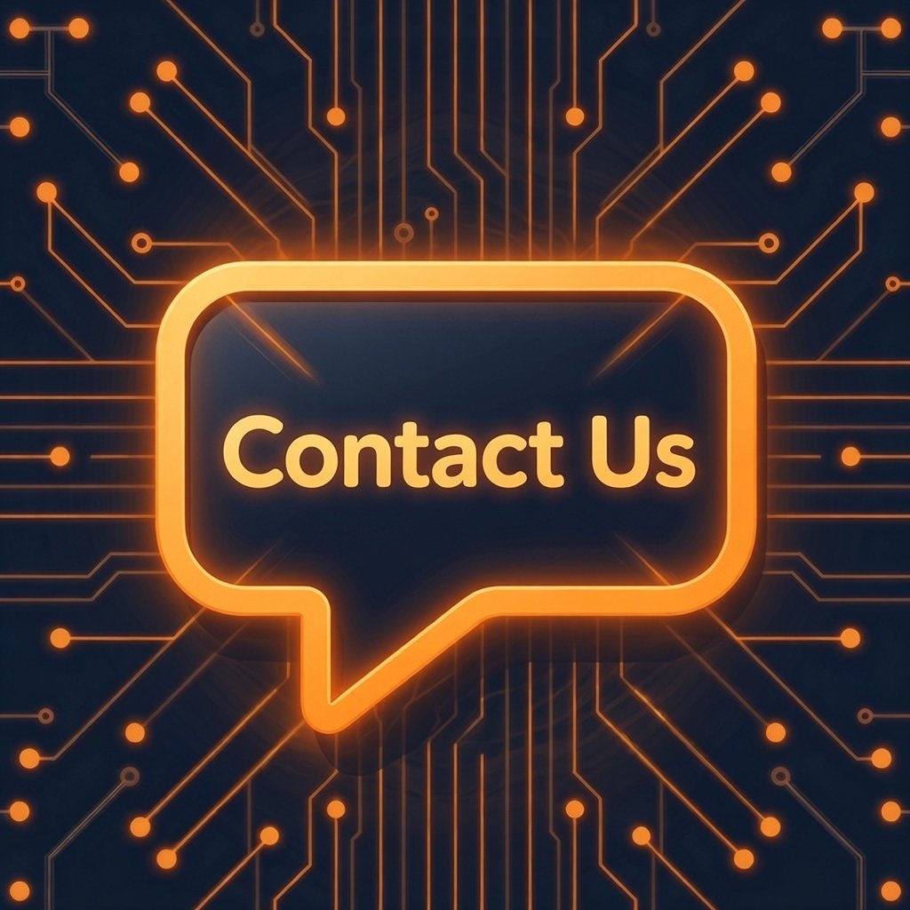 Digital illustration of a glowing orange speech bubble with the words 'Contact Us' in the center, surrounded by a network of circuit lines and dots, representing technology or communication.