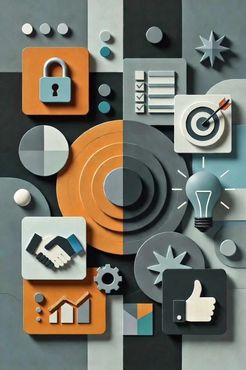 An assortment of 3D icons and symbols representing security, target achievement, communication, growth, ideas, and collaboration in gray, orange, white, and blue colors.