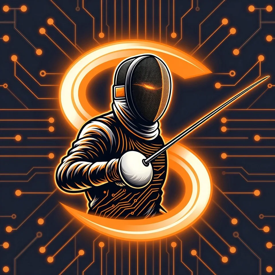 Digital illustration of a futuristic fencing knight with a helmet and sword, surrounded by tech-inspired glowing designs.
