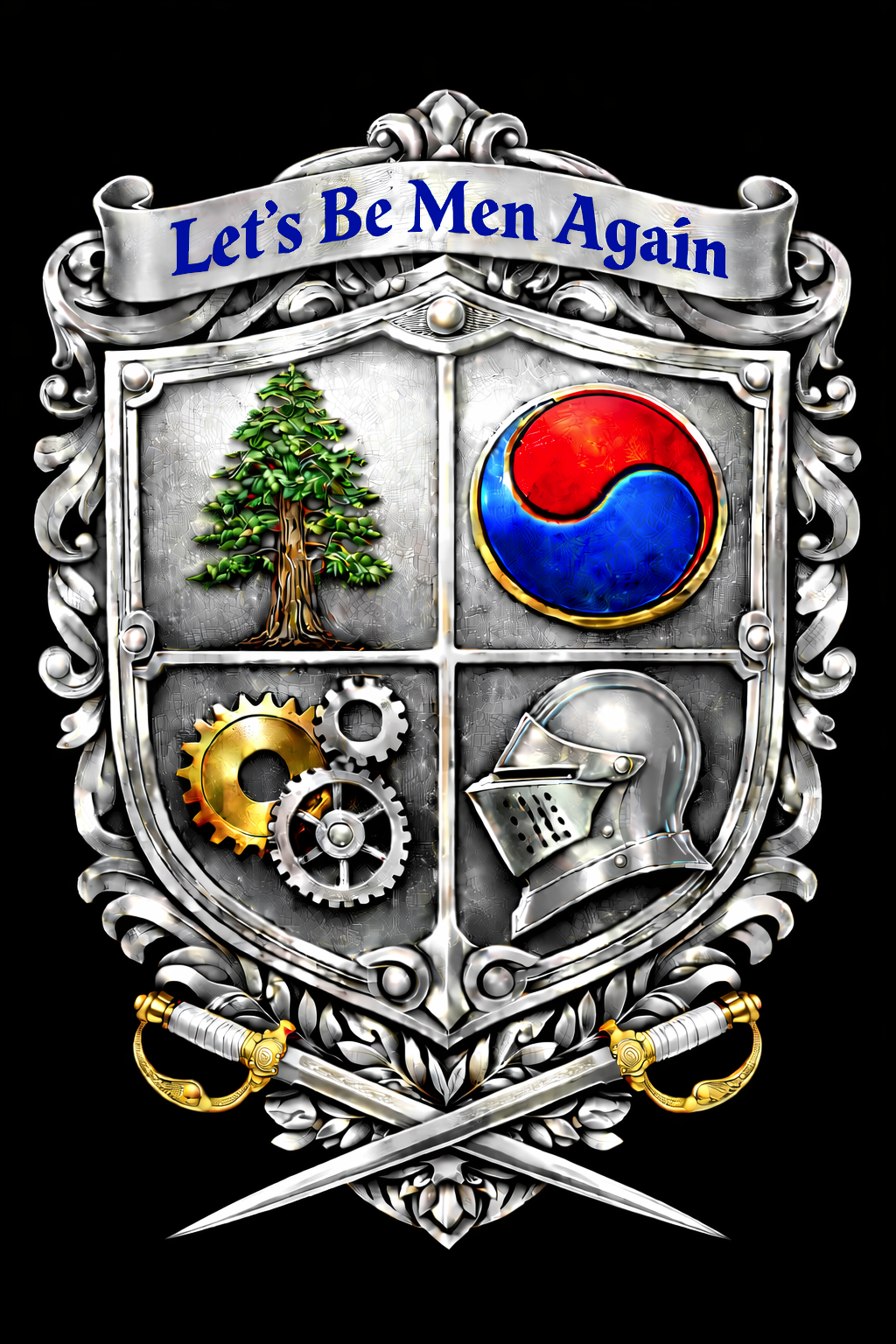 A decorative silver shield with a banner at the top that reads 'Let's Be Men Again'. The shield has four quadrants: a green pine tree, a red and blue yin-yang symbol, yellow and black gears, and a medieval knight's helmet, with two crossed swords at the bottom.