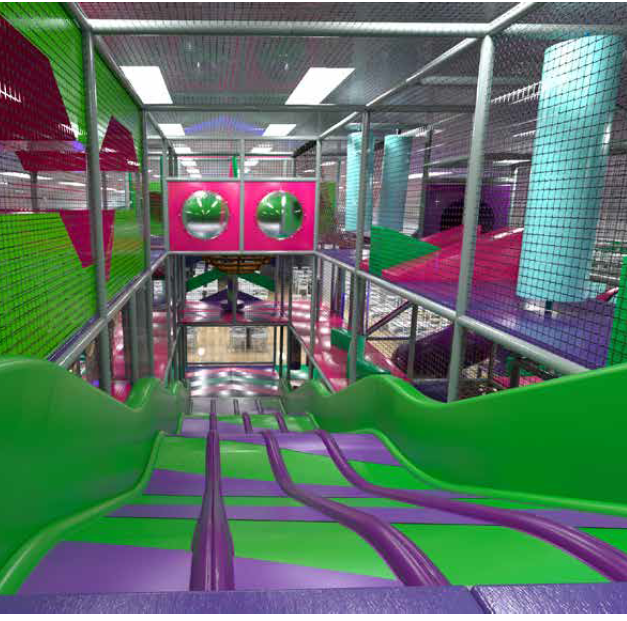 Indoor playground with green and purple slides, colorful walls, and enclosed play structures for children.