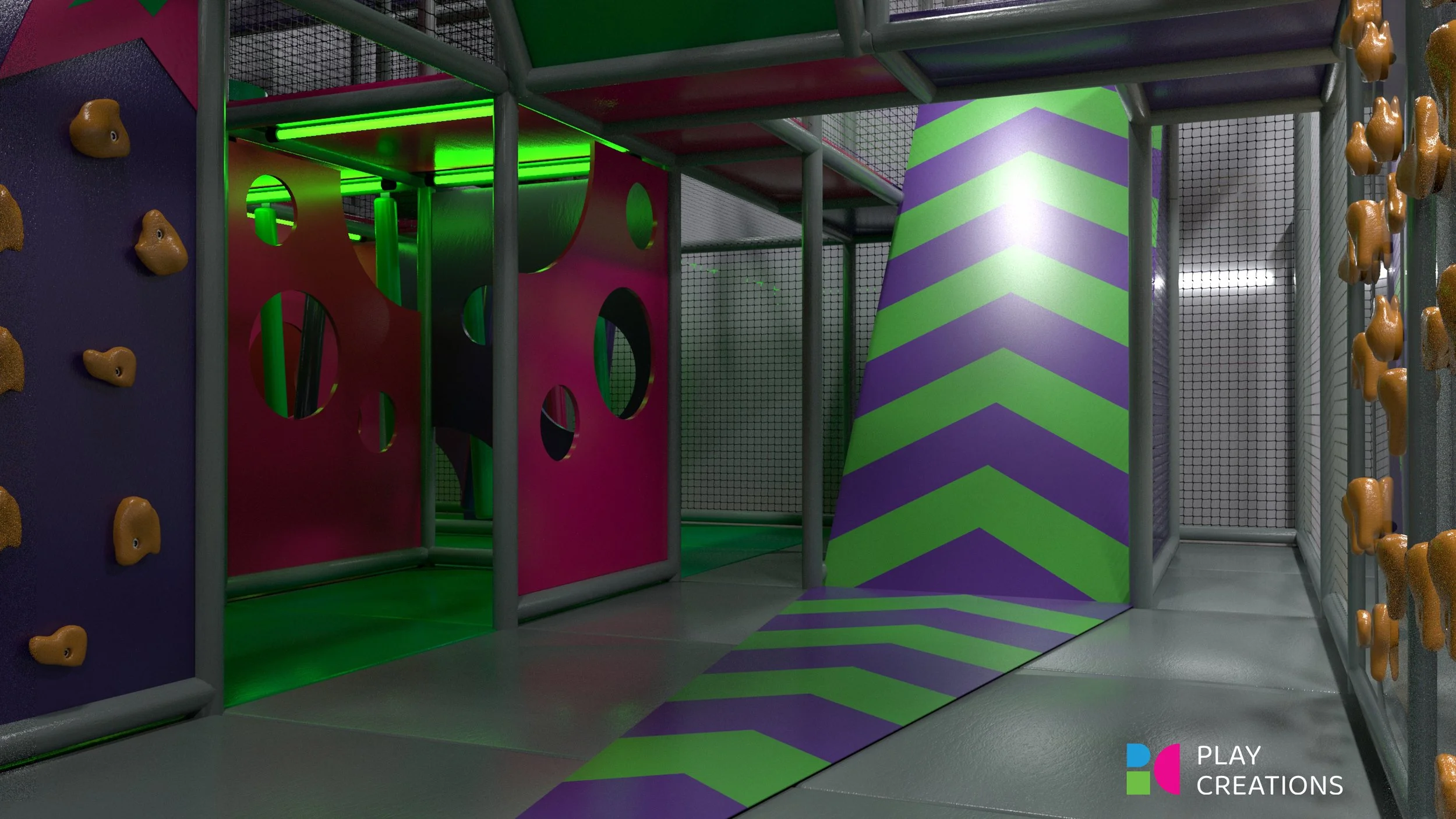 Indoor softplay based in Wakefield with colorful walls, climbing holds, and padded flooring.