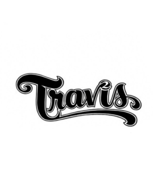 Black and white logo with the word 'Travis' in decorative cursive script